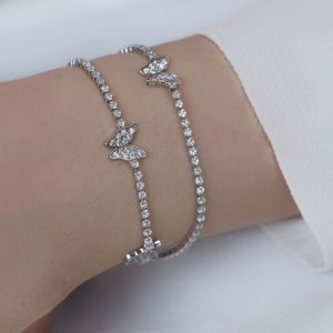 دستبند زنانه تمام نگین استیل نقره ای مدل پروانه